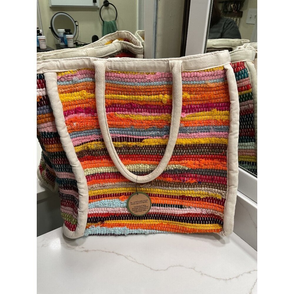 NWT Handmade Artisan Upcycled Chindi Rag Rug Material Large Bright Colorful Tote